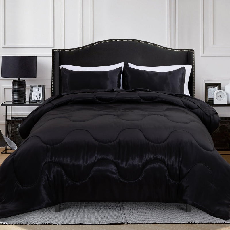 A Nice Night Satin Silky Soft Quilt Luxury Super Soft Microfiber Bedding Comforter Set, Light Weighted (Black, Twin) - Image 3